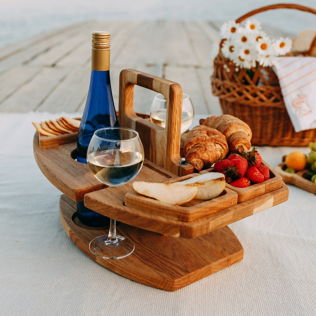 Table à vin portable en bambou avec porte-verres et porte-encas