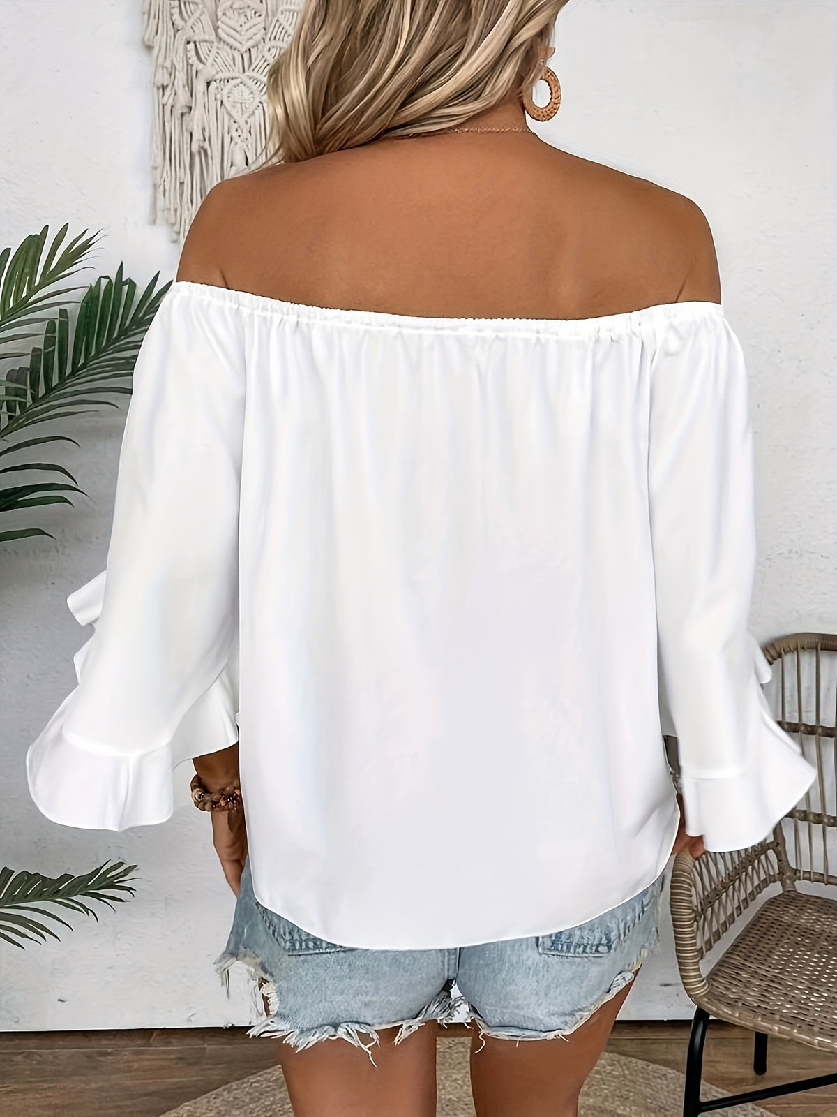 Blouse à épaules dénudées avec nœud sur le devant et manches à volants pour femme