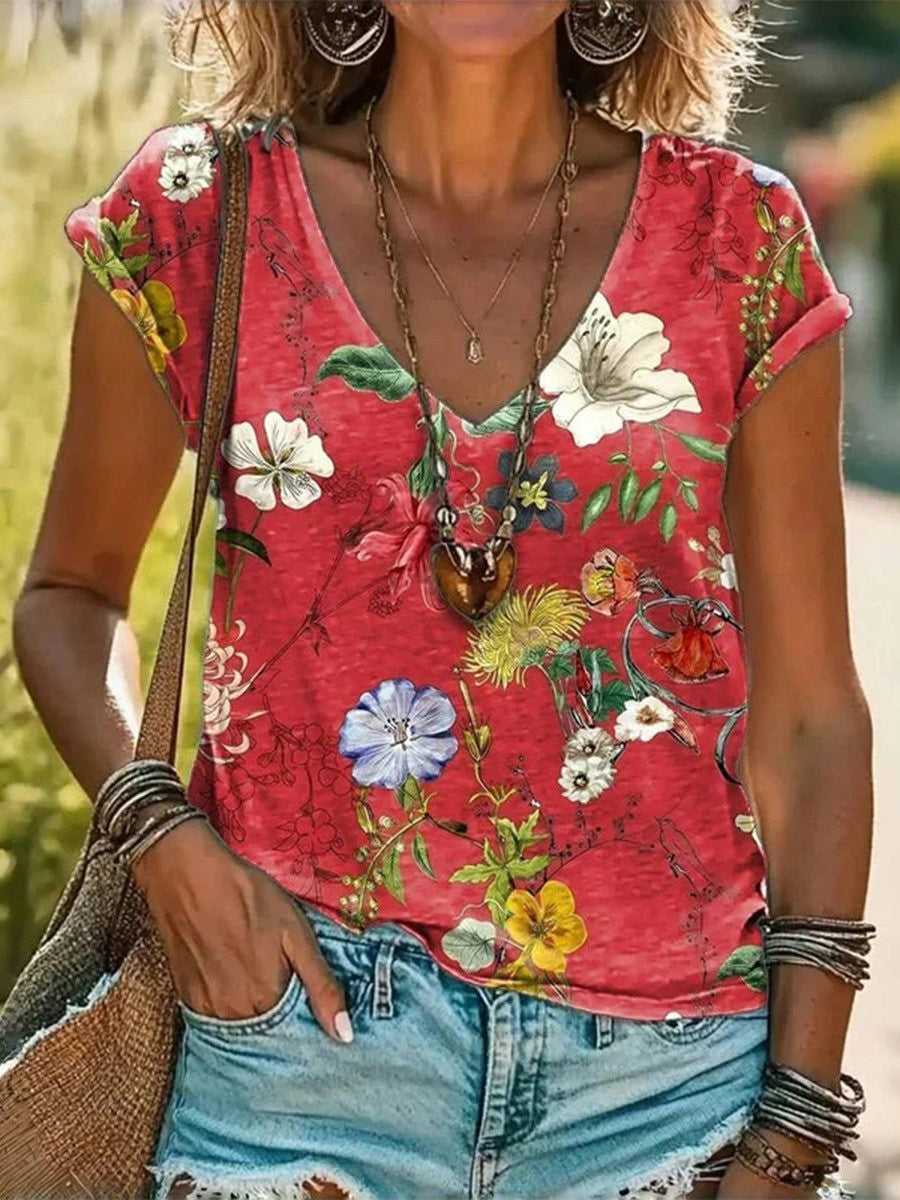 Camiseta floral con escote en V para mujer y mangas cortas para uso casual en verano