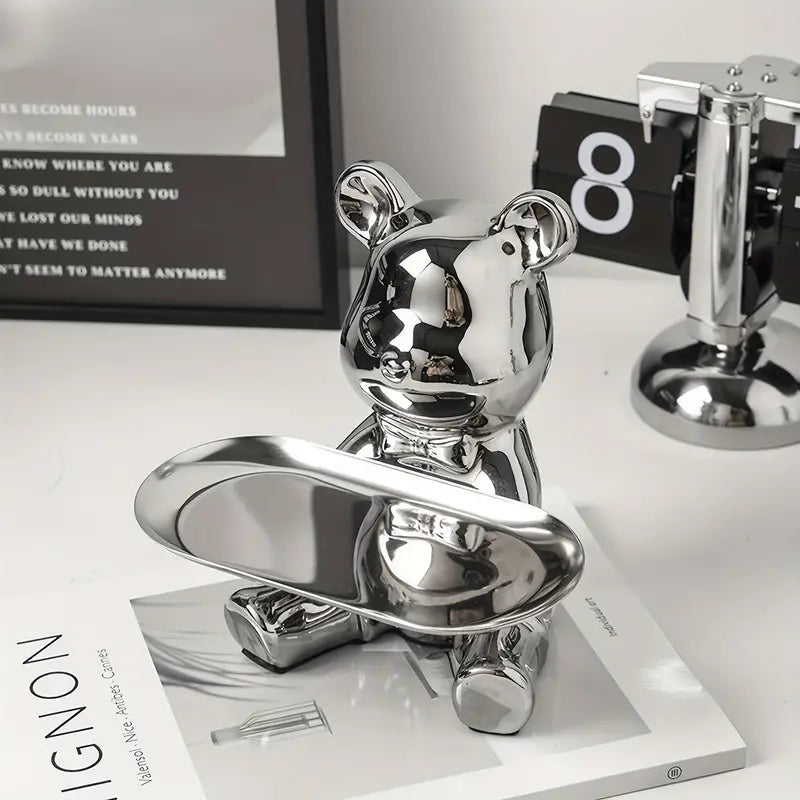 Escultura de bandeja decorativa con oso brillante