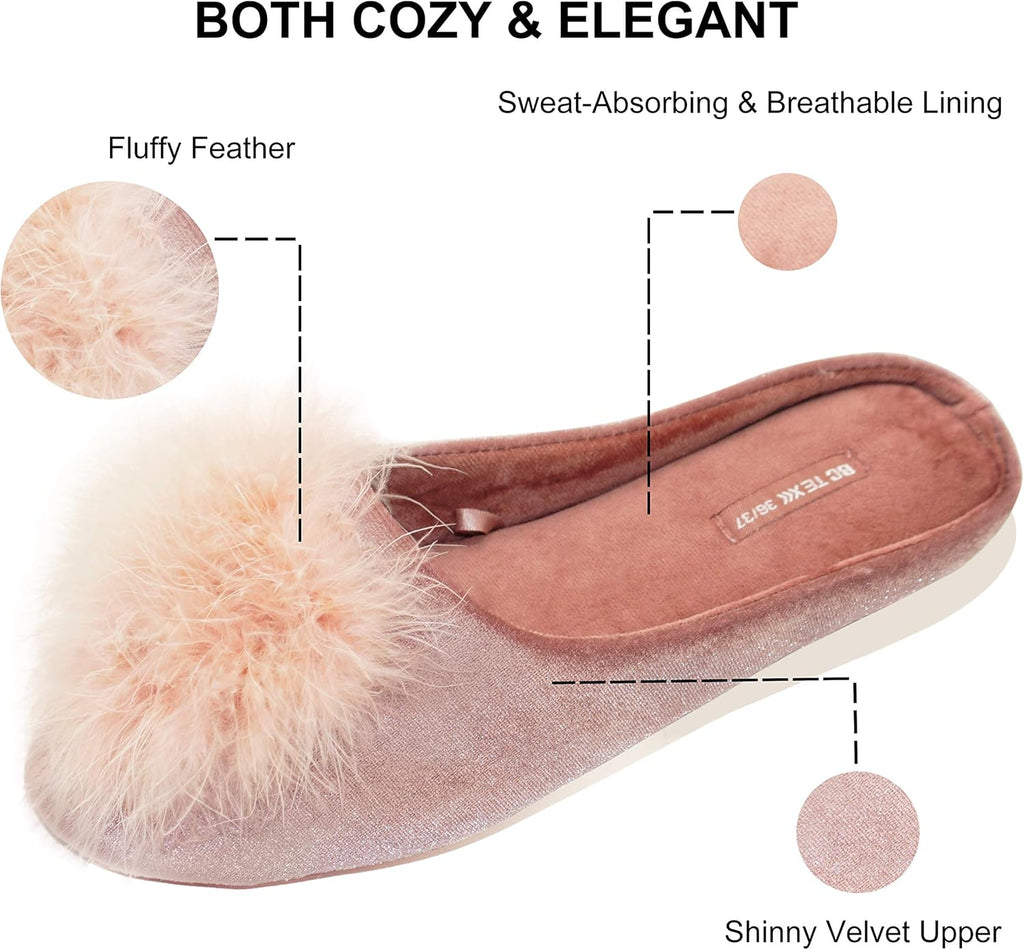 Pantofole da donna in velluto senza lacci con dettaglio pompon soffice