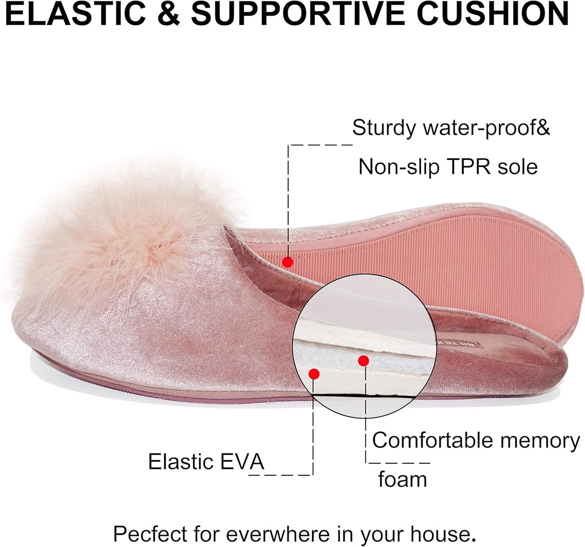 Dames hjemmesko i fløjl med slip-on-design og fluffy pompon-detalje