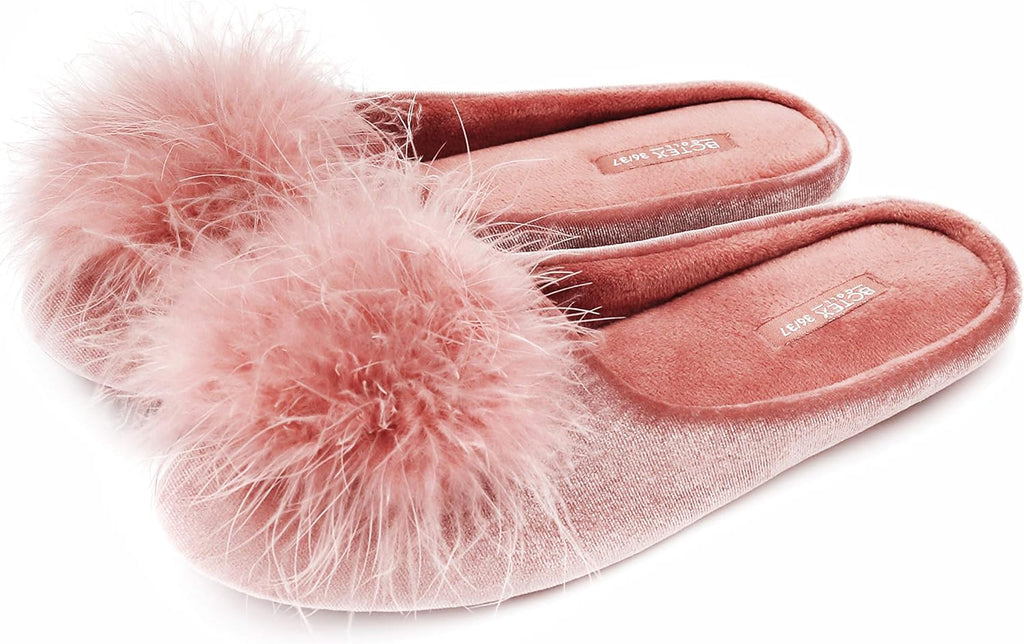 Pantofole da donna in velluto senza lacci con dettaglio pompon soffice