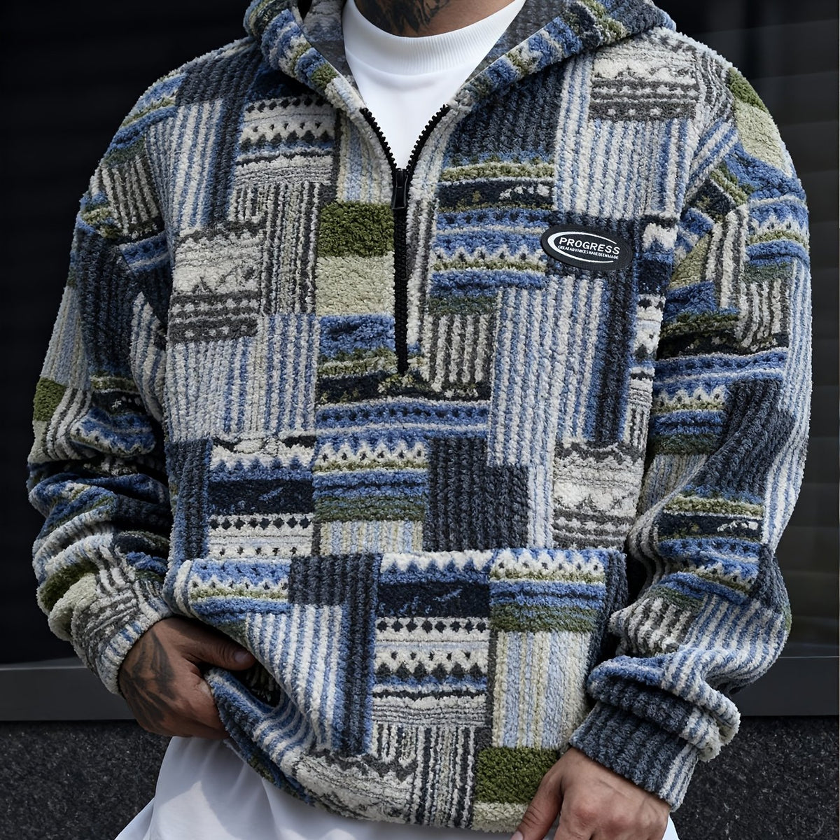 Men’s Geometric Pattern Hooded Pullover with Half Zip