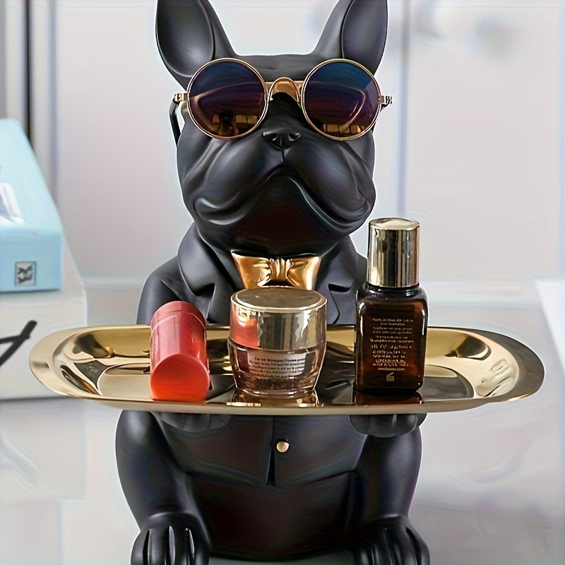 Figura de bulldog francés con bandeja para joyas y plato ovalado en tono dorado para decoración del hogar