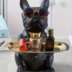 Figura de bulldog francés con bandeja para joyas y plato ovalado en tono dorado para decoración del hogar