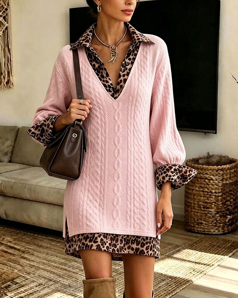 Women’s Leopard Trim Cable Knit Mini Dress
