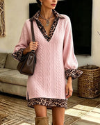 Women’s Leopard Trim Cable Knit Mini Dress