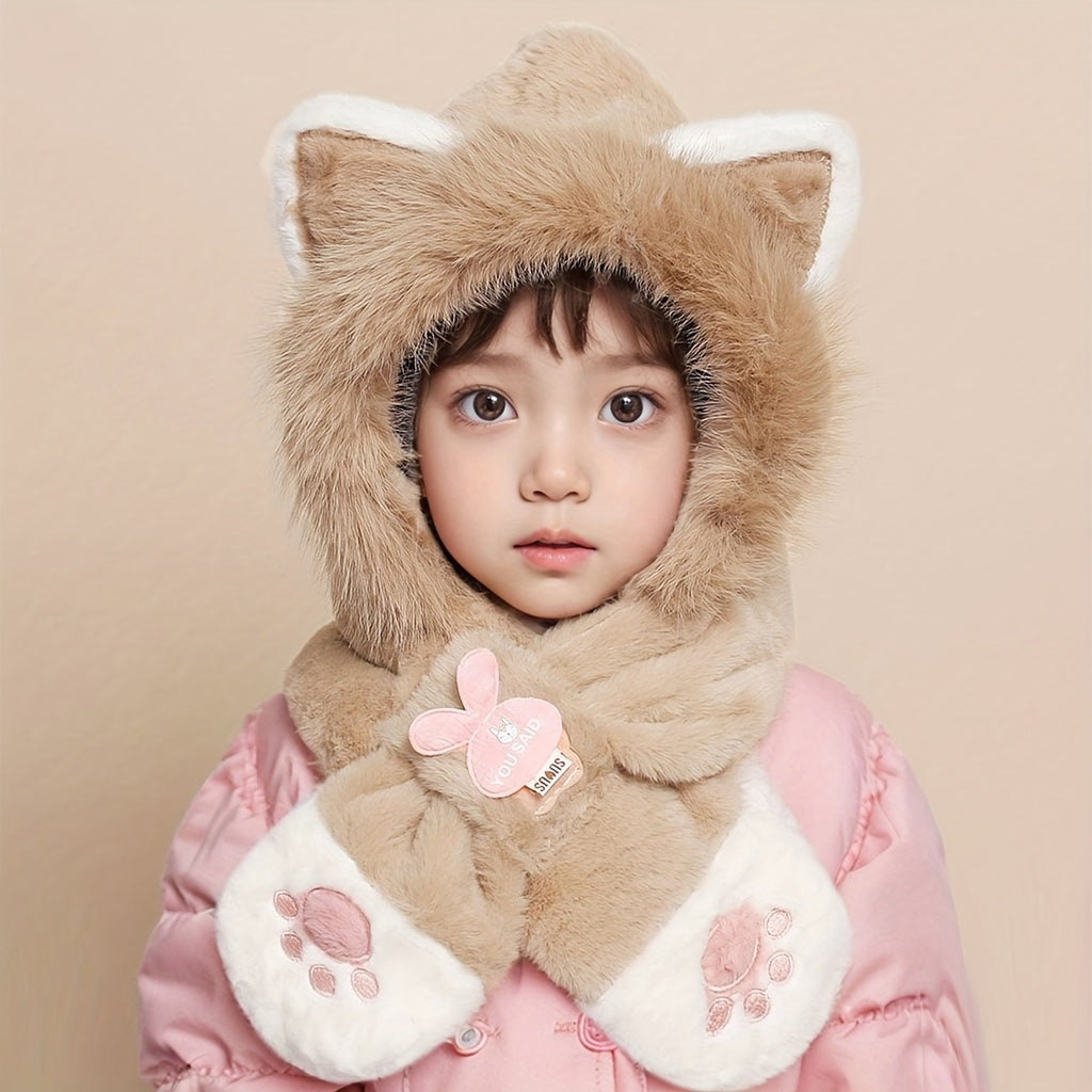 Bufanda infantil con capucha de pelo sintético y manoplas con forma de patas
