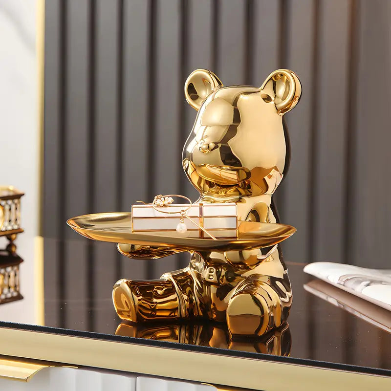 Escultura de bandeja decorativa con oso brillante