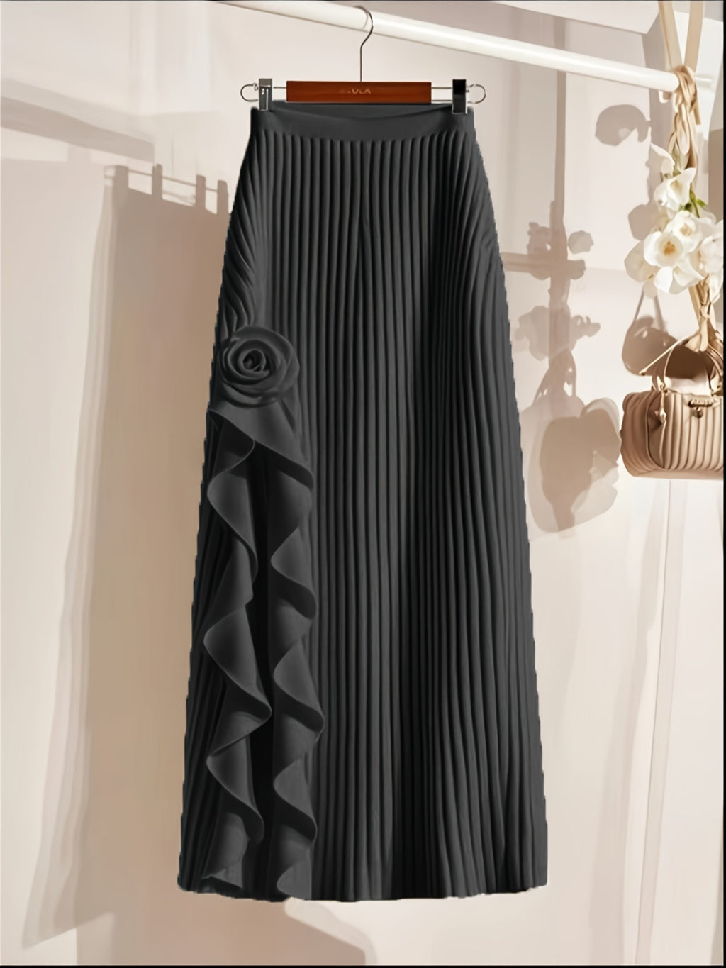 Women’s Pleated Maxi Skirt with Floral Ruffle Detail