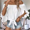 Blouse à épaules dénudées avec nœud sur le devant et manches à volants pour femme
