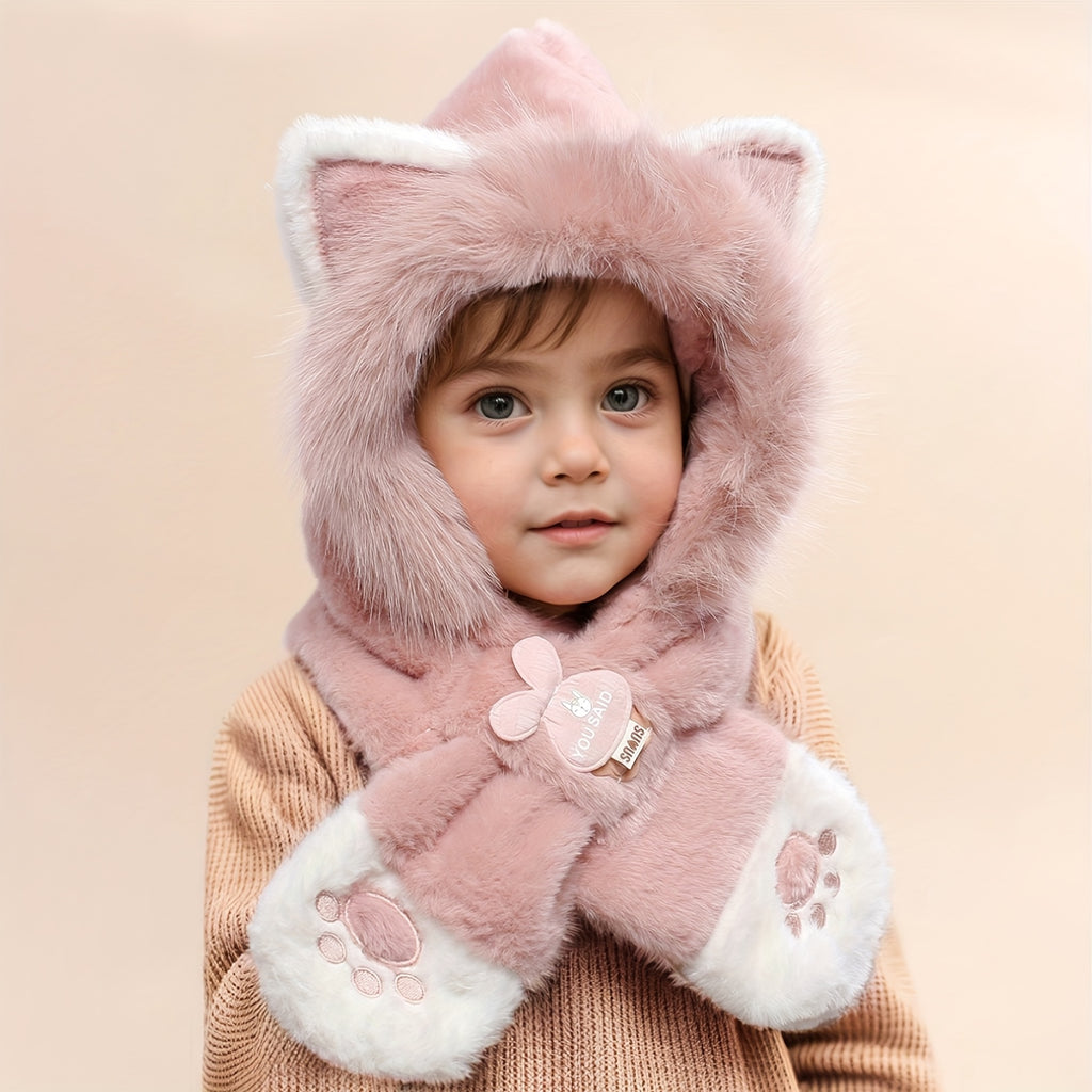 Bufanda infantil con capucha de pelo sintético y manoplas con forma de patas