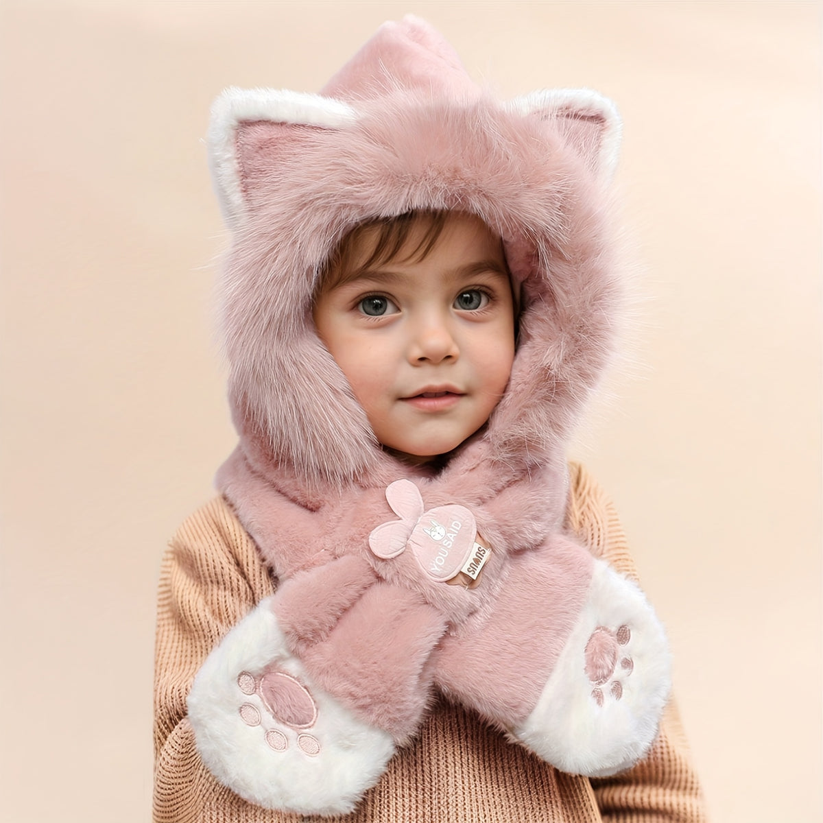Bufanda infantil con capucha de pelo sintético y manoplas con forma de patas