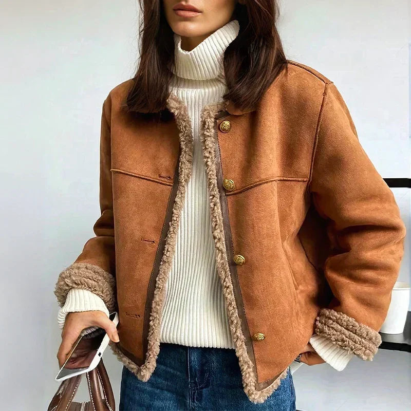 Veste décontractée pour femme, aspect daim, boutonnée sur le devant
