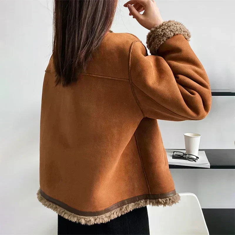 Veste décontractée pour femme, aspect daim, boutonnée sur le devant