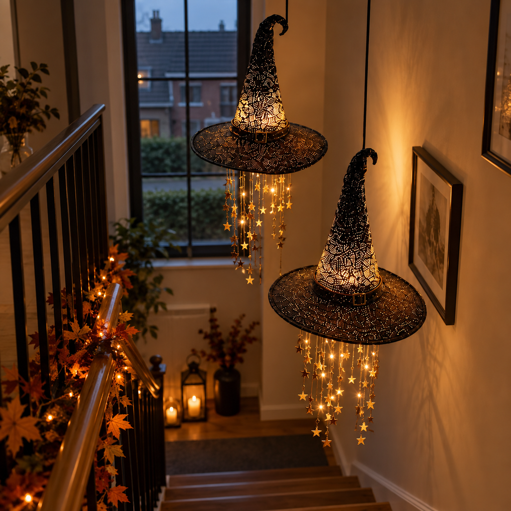 Luci a forma di cappello da strega di Halloween da appendere, con stelle decorative, per decorare la casa durante le feste