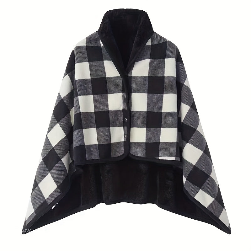 Karierter Poncho-Umhang mit Knopfleiste, weichem Kragen und Fleecefutter