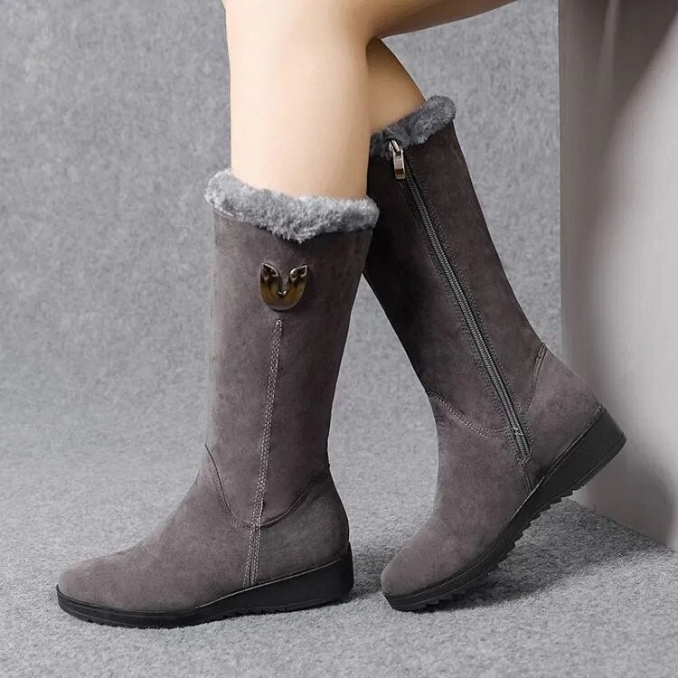 Botas de cuña hasta la rodilla para mujer, forradas de piel sintética