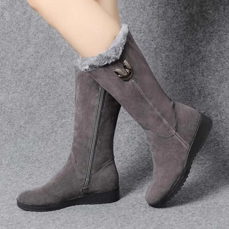 Botas de cuña hasta la rodilla para mujer, forradas de piel sintética