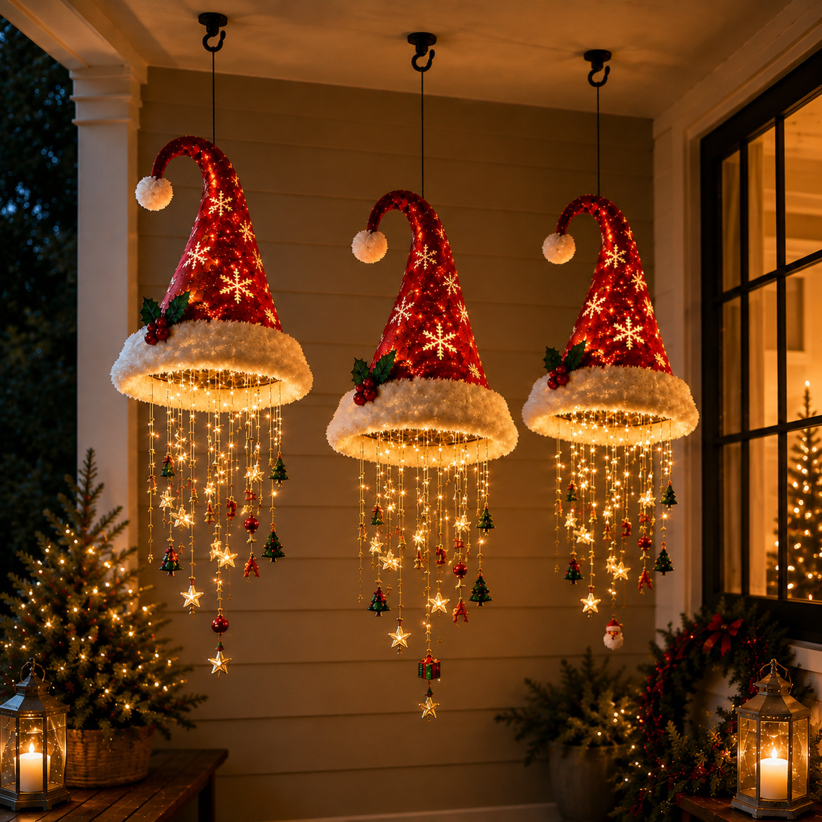 Festliche Weihnachtsbeleuchtung zum Aufhängen in Form einer Weihnachtsmannmütze mit Stern- und Baumornamenten