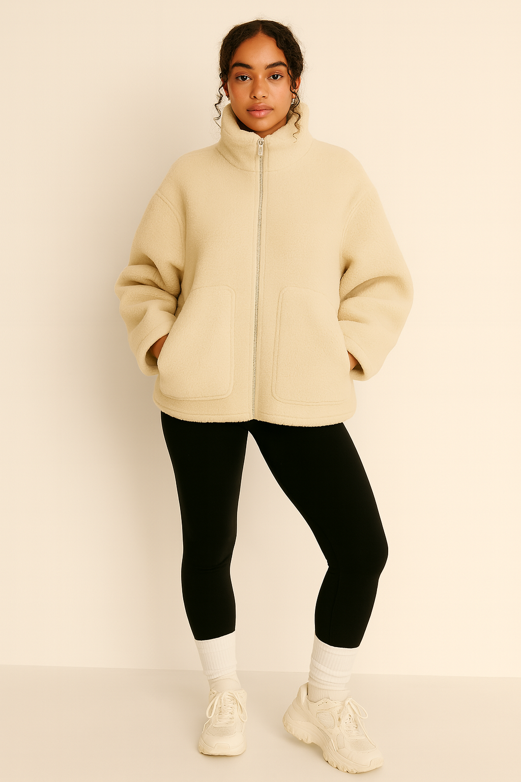 Chaqueta de forro polar de teddy para mujer con cuello alto