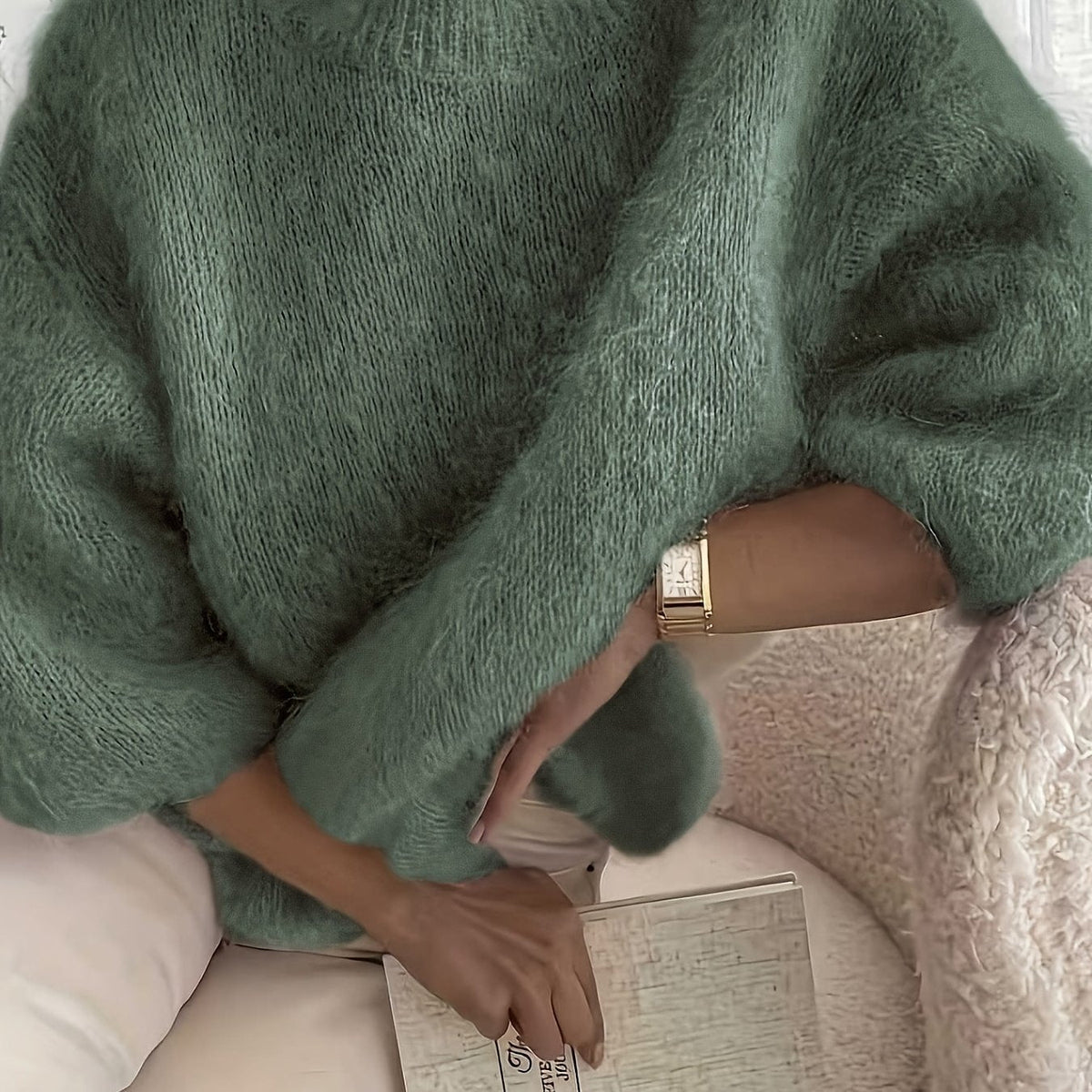 Oversized fluffig stickad tröja med rund hals för kvinnor