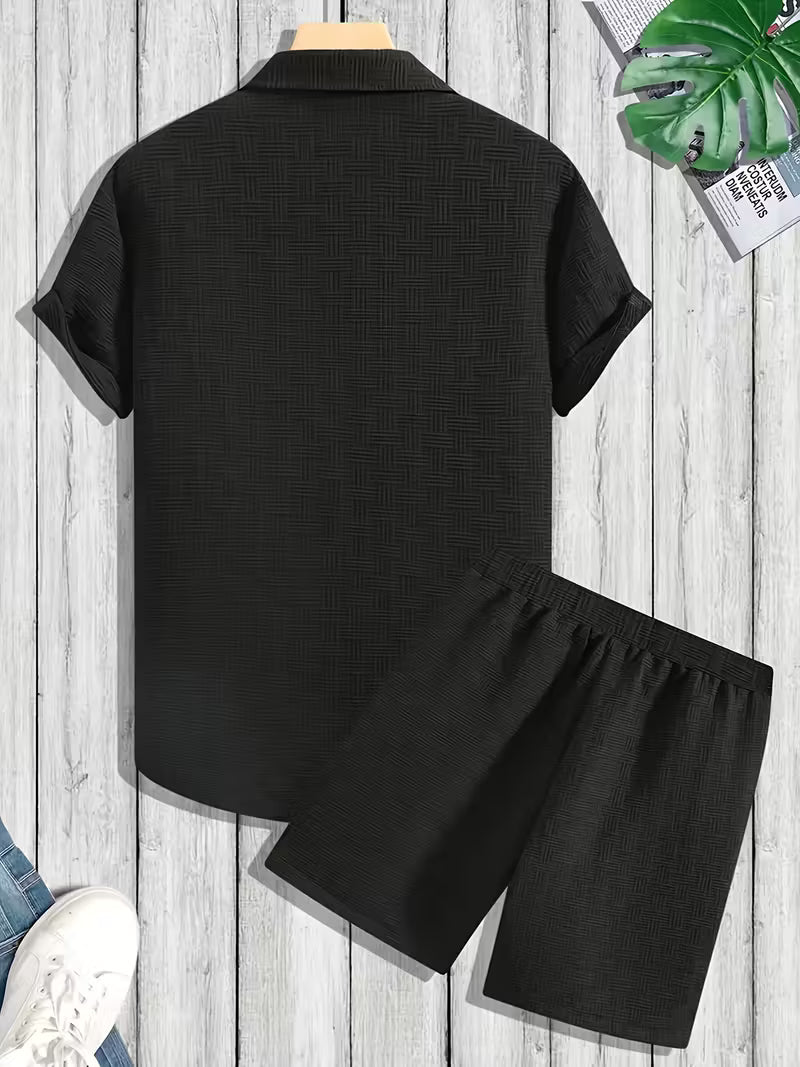 Conjunto a juego de camisa con botones y pantalones cortos texturizados para hombre