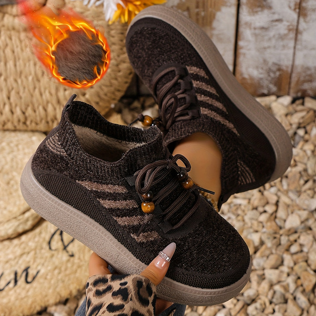 Stickade sneakers för kvinnor med fuskpälsfoder