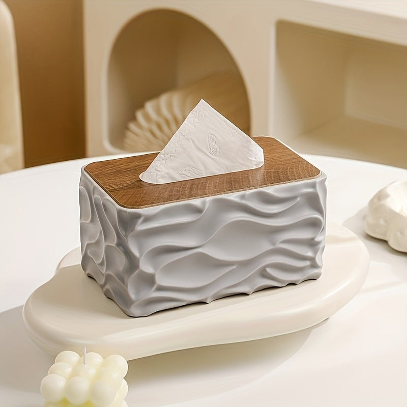 Textured Tissue Box Cover with Wood-Effect Top