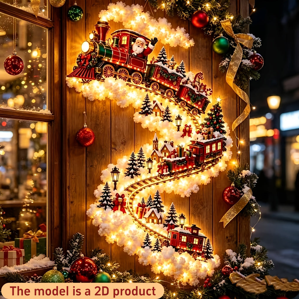 Beleuchtete Weihnachtszug-Wanddekoration mit dem Weihnachtsmann und festlicher Dorfszene
