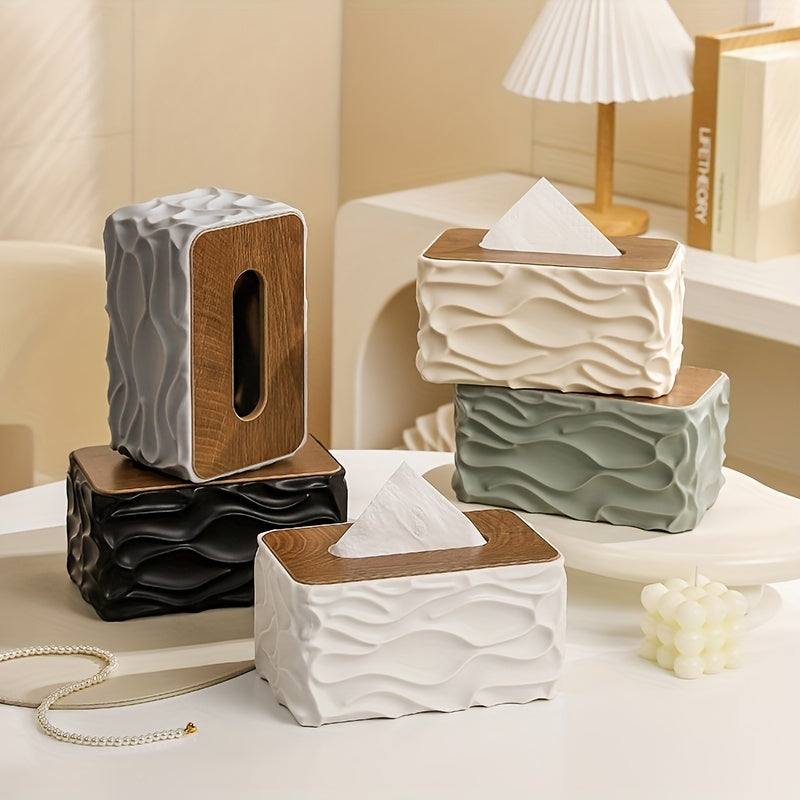 Textured Tissue Box Cover with Wood-Effect Top