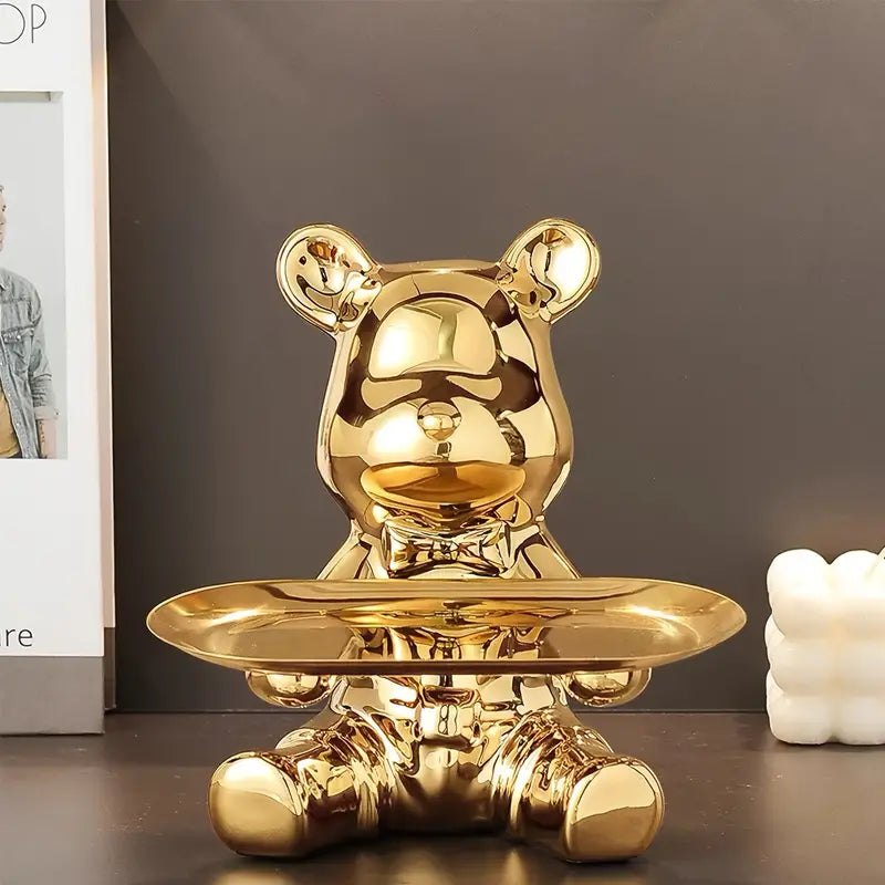 Escultura de bandeja decorativa con oso brillante
