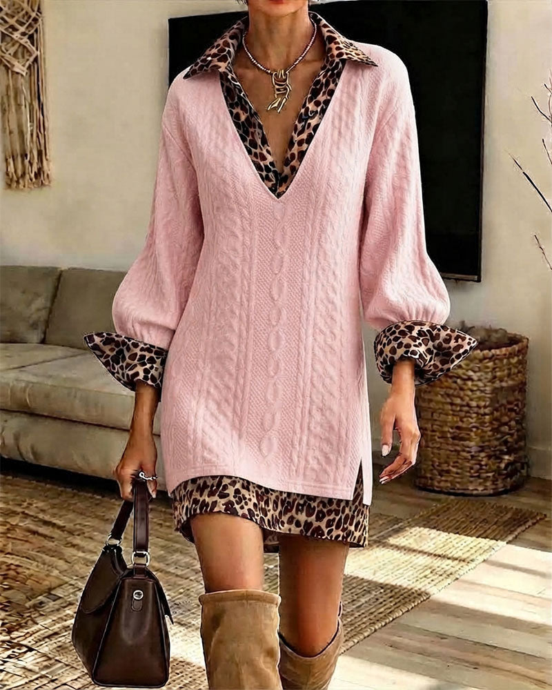 Women’s Leopard Trim Cable Knit Mini Dress