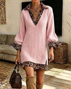 Women’s Leopard Trim Cable Knit Mini Dress