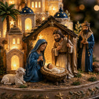 Decorazione natalizia con scena della Natività illuminata e ricchi dettagli religiosi