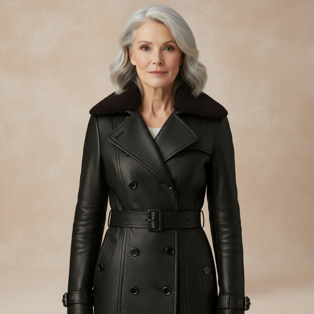 Women's Faux Leather Double-Breasted Longline Coat