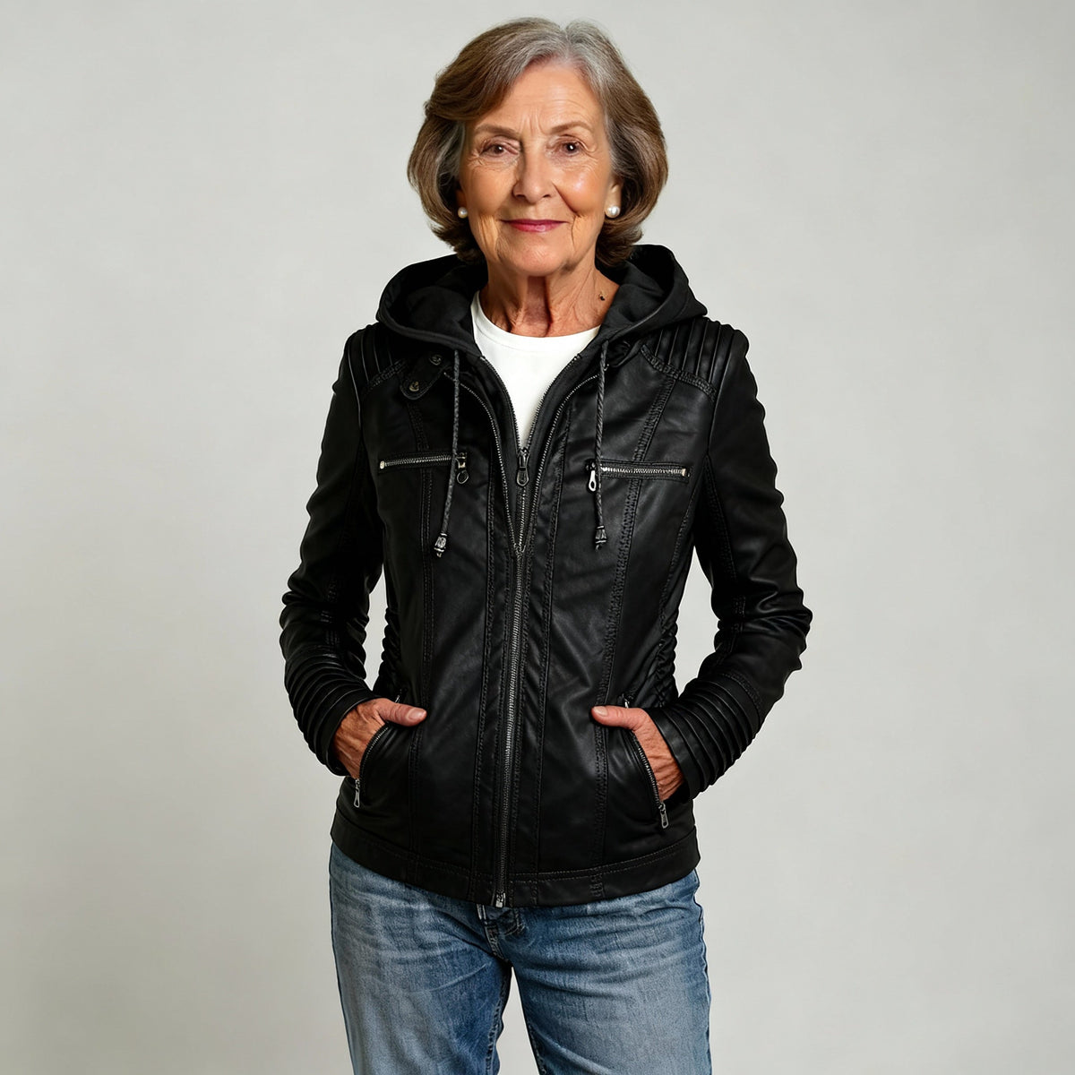 Veste zippée à capuche pour femme en similicuir