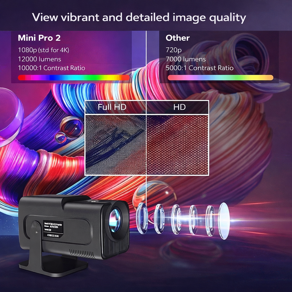 Full-HD-Mini-Projektor mit kabelloser Verbindung und drehbarem Standfuß