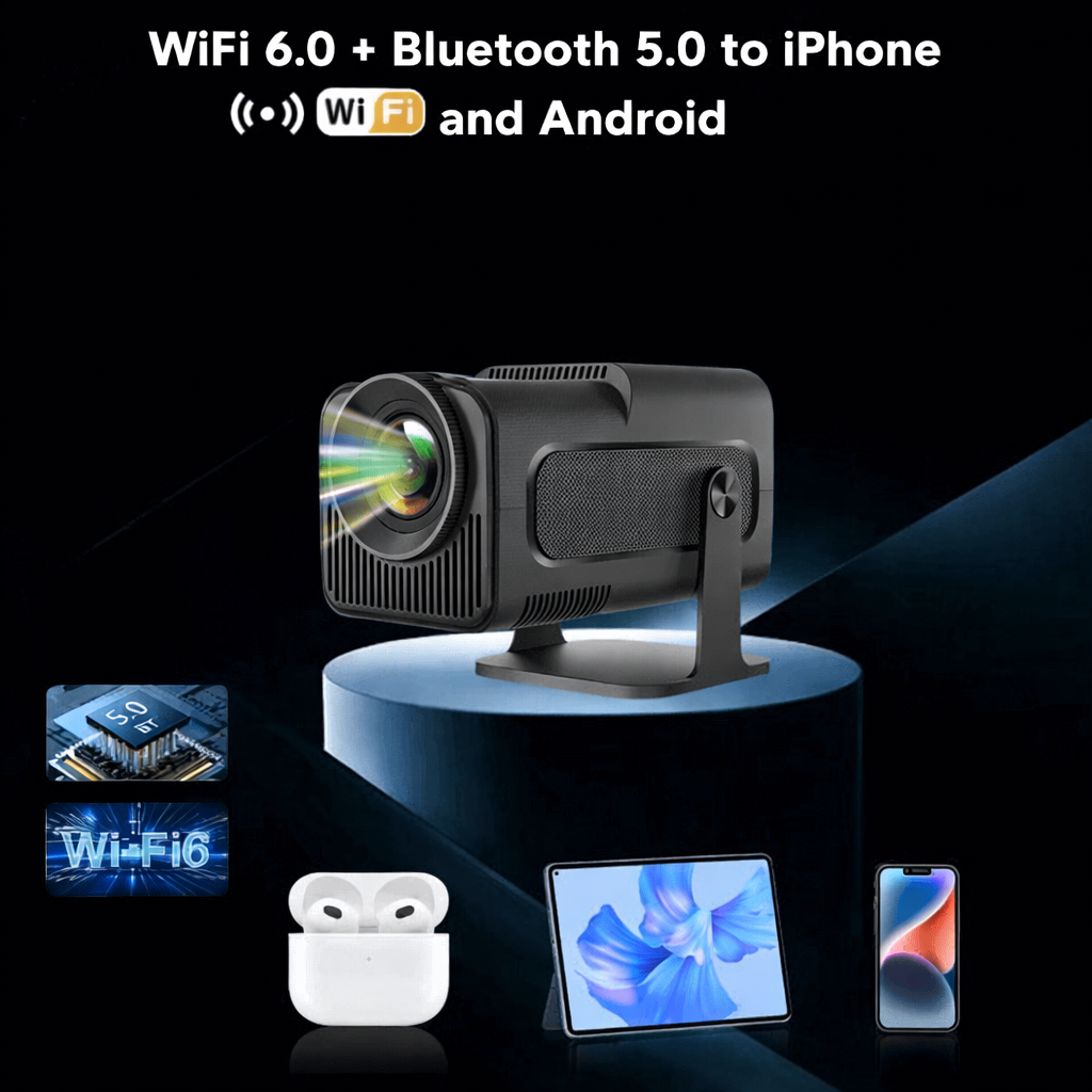 Full-HD-Mini-Projektor mit kabelloser Verbindung und drehbarem Standfuß