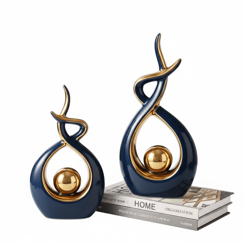 Elegante scultura astratta a forma di infinito, con curve fluide intrecciate e dettagli sferici
