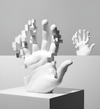 Skulpturale Handfigur mit abstrakten geometrischen Details und künstlerischer Form