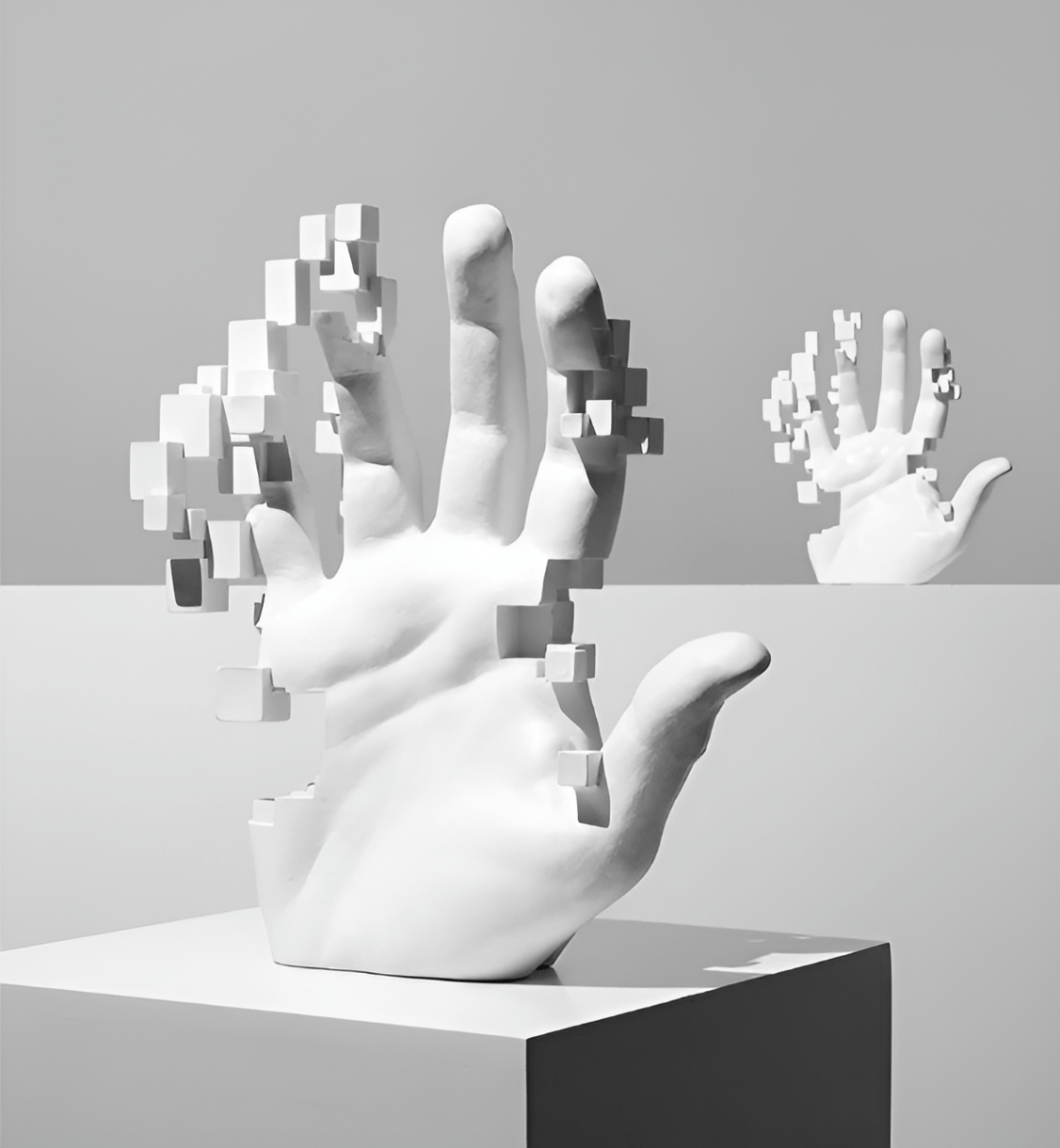 Skulpturale Handfigur mit abstrakten geometrischen Details und künstlerischer Form