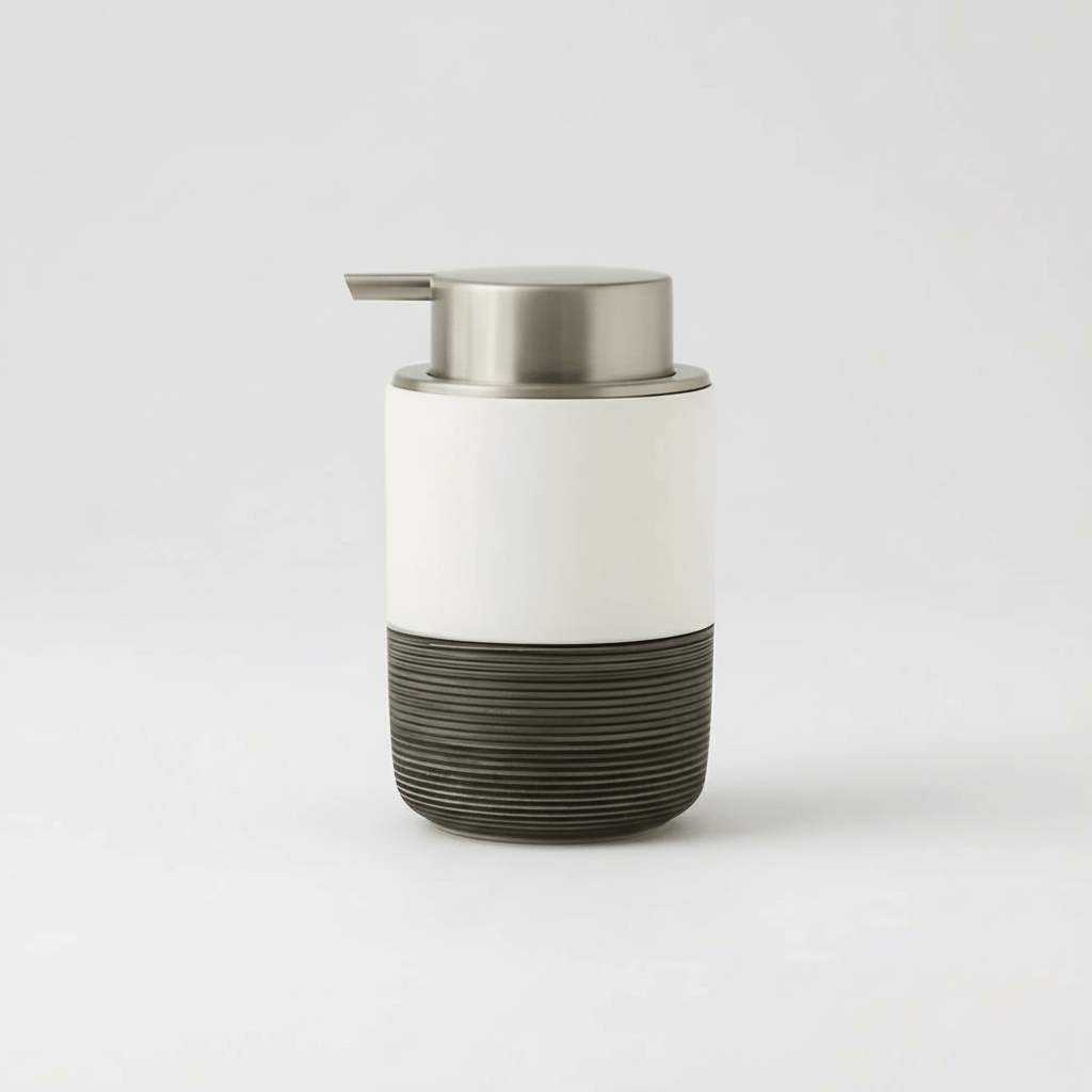Dispenser di sapone liquido in stile ceramica scanalata con corpo cilindrico e pompa