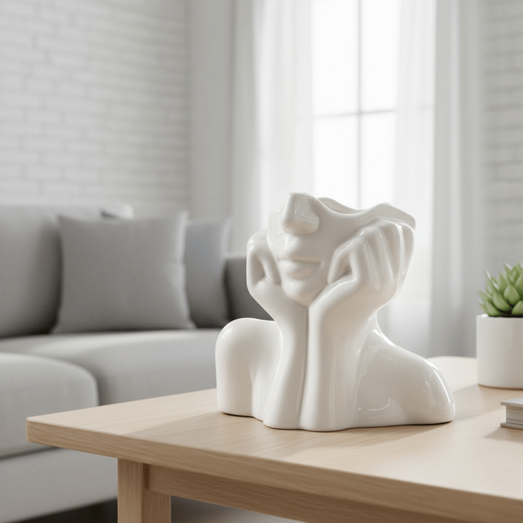 Vaso artistico in ceramica a forma di volto con mani astratte e una linea contemporanea essenziale