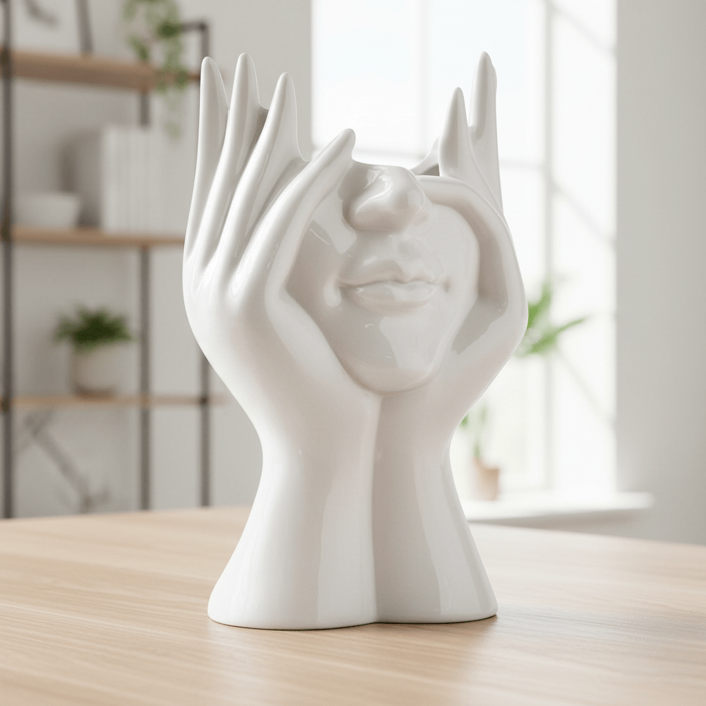 Vaso artistico in ceramica a forma di volto con mani astratte e una linea contemporanea essenziale
