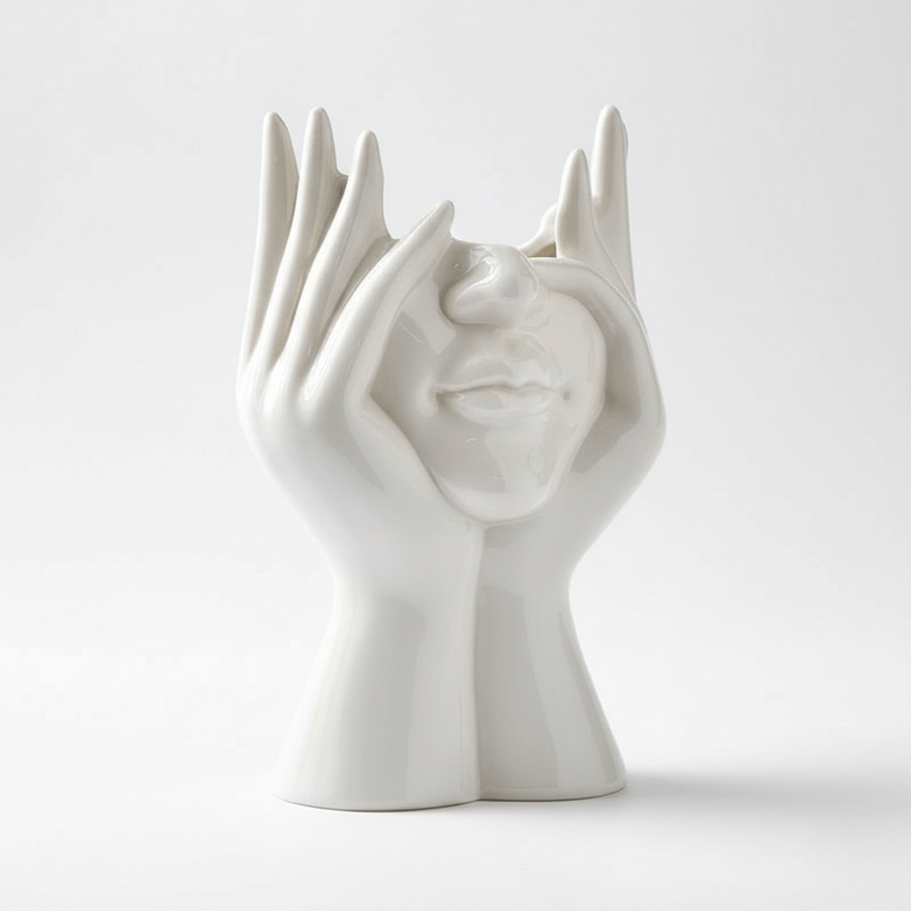 Vaso artistico in ceramica a forma di volto con mani astratte e una linea contemporanea essenziale