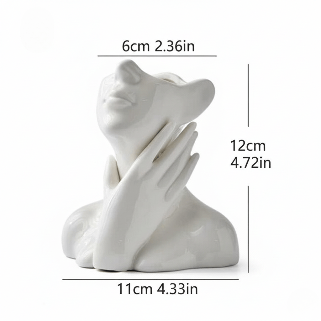 Vaso artistico in ceramica a forma di volto con mani astratte e una linea contemporanea essenziale