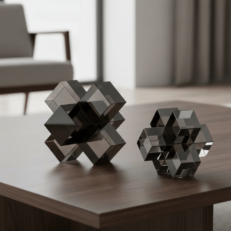 Geometric Abstract Sculpture Set with Faceted Shapes