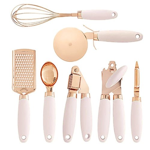 Küchenutensilien-Set, siebenteilig, in Roségold mit Silikongriffen